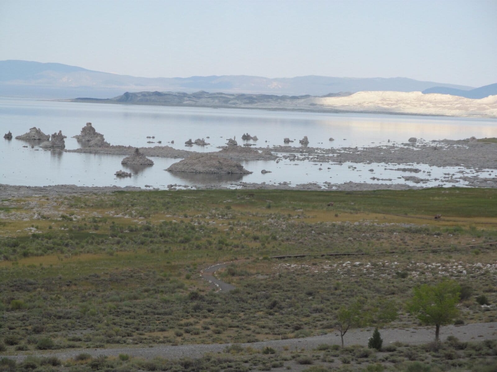 Serene landscape of Mono Lake with unique limestone formations, calm waters, distant mountains, and sparse vegetation, capturing natural beauty and tranquility.