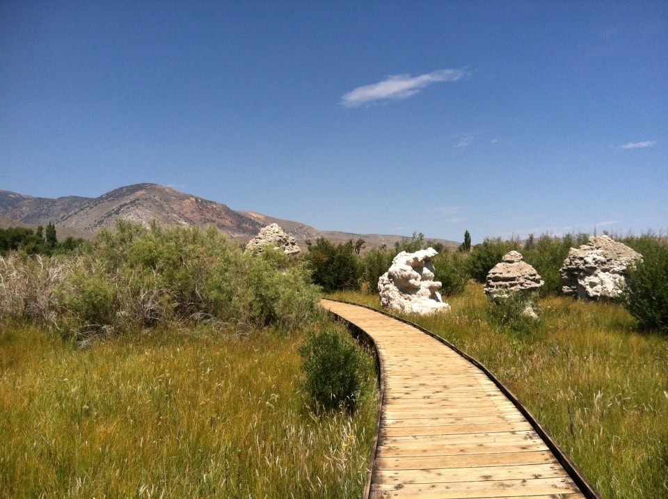 Serene wooden pathway winding through a lush green meadow with unique white rock formations under a bright blue sky and mountain backdrop.