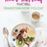 Colorful fruit bowl with fresh berries, kiwi, lemon, and figs on a white table with a cup of coffee, representing healthy eating habits and nutritious diet options.