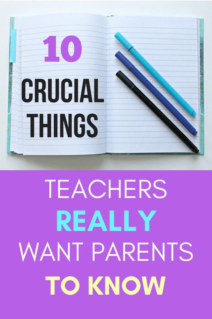 Bright open notebook with "10 Crucial Things" headline and colorful pens, emphasizing essential teacher tips and advice, suitable for educational blogs and teacher resources.