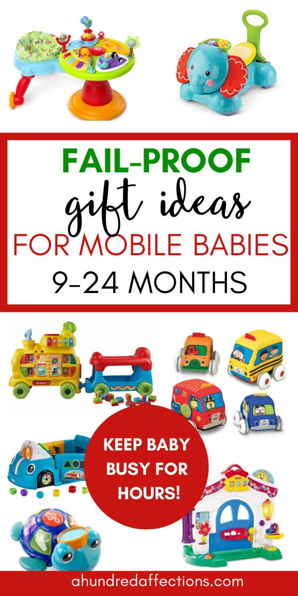 Colorful baby toys for 9-24 months, including ride-on, stacking, and activity toys for mobile infants and toddlers.