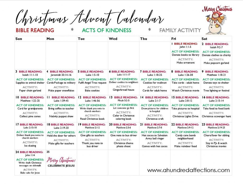 Colorful Christmas advent calendar with Bible readings, acts of kindness, and family activities for holiday season.