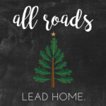 All roads lead home Christmas quote by Marjorie Holmes with festive pine tree illustration on chalkboard background | Christmas home decor, holiday inspirational message, seasonal wall art.