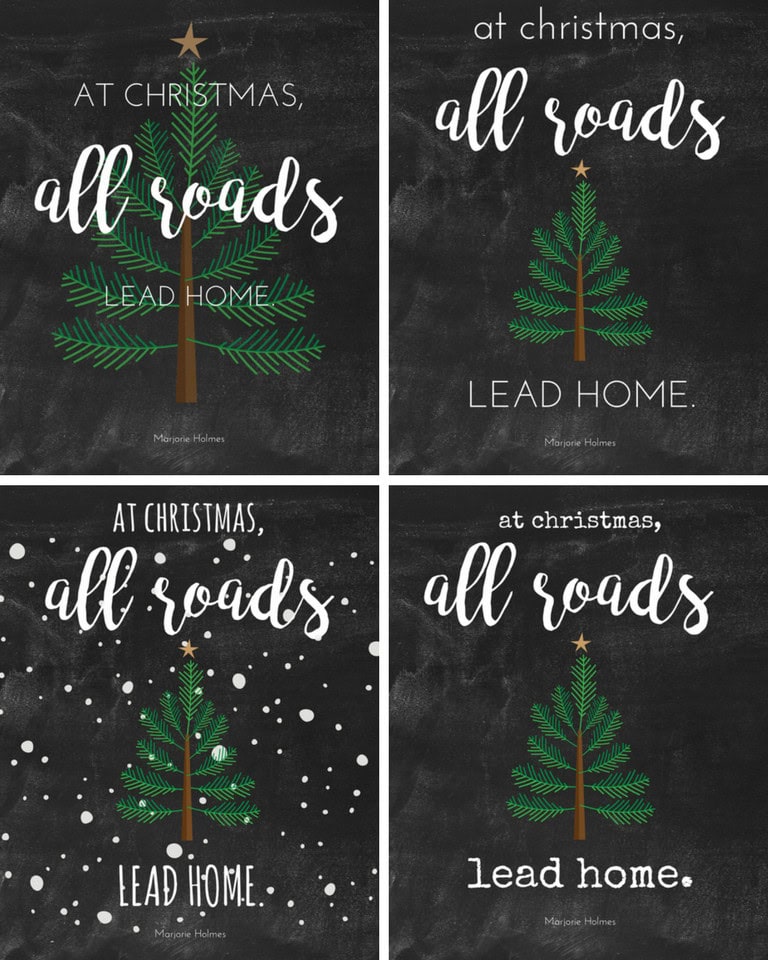 Festive Christmas tree, all roads lead home quote, holiday home decor, seasonal wall art, winter Christmas sign, cozy holiday decoration, A Hundred Affections, Marjorie Holmes.