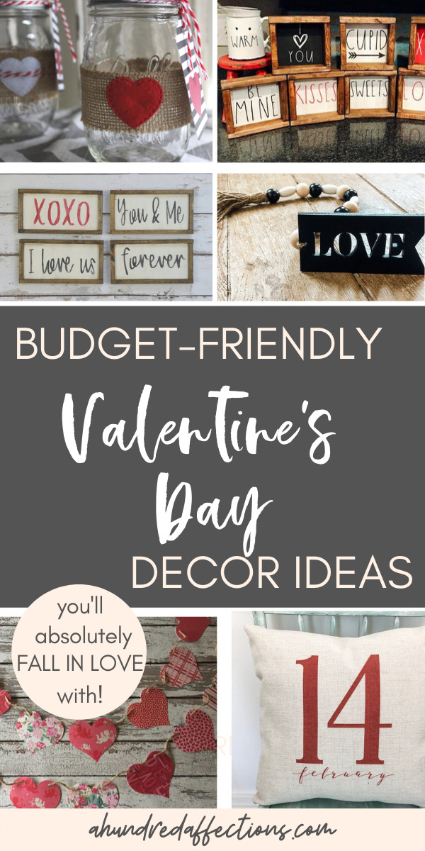 collage of budget friendly valentine's day decor ideas with farmhouse signs, mason jars, pillows, garland, heart decor