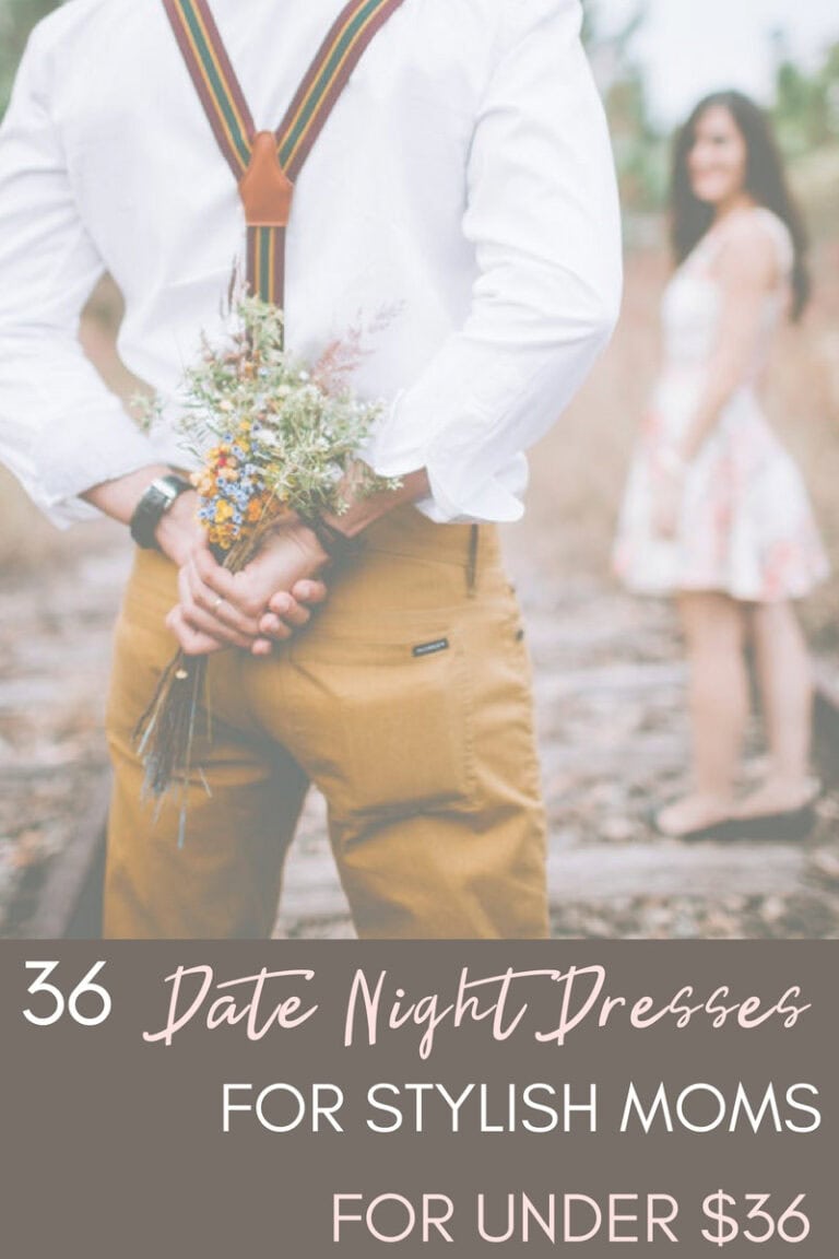 Elegant romantic couple holding flowers in an outdoor setting, with a woman in a floral dress in the background, showcasing stylish date night outfits for moms.