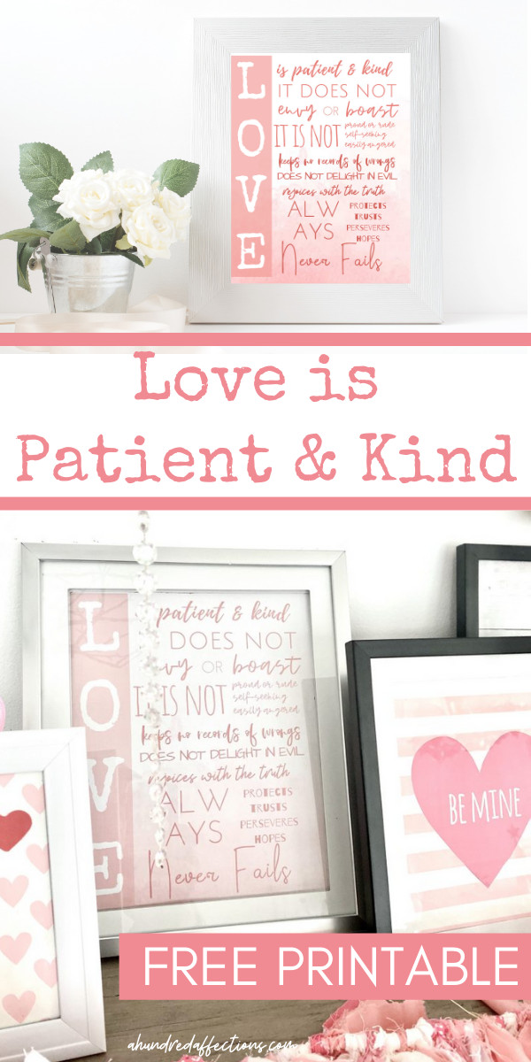 Love is patient and kind free printable, 2 images styled and framed for farmhouse Valentine's Day wall art