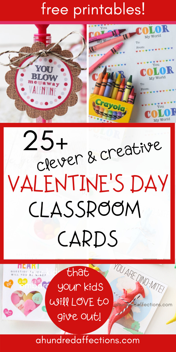 collage of valentine's day classroom cards, with crayons, bubbles, dinosaurs, and treat bags