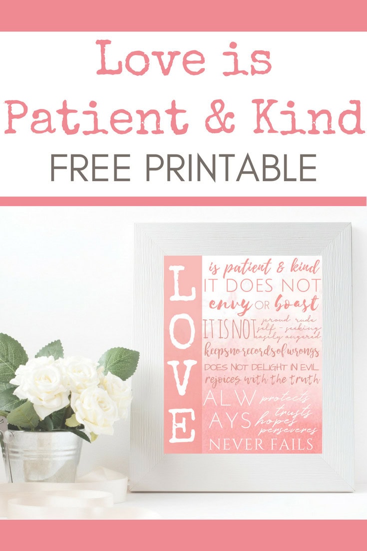 Love is Patient & Kind printable wall art with inspirational quote and floral decor, perfect for home or office, free downloadable, romantic gift idea, uplifting love message, pink and white design.