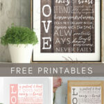 LOVE inspirational quote art print for home decor, wooden farmhouse style wall art, positive affirmations for patience and kindness, free printable download.