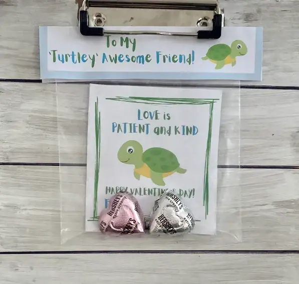 Adorable turtle Valentine's gift with heartfelt message, perfect for kids or friends, featuring cute illustrations and chocolate treats, ideal for expressing love and appreciation.
