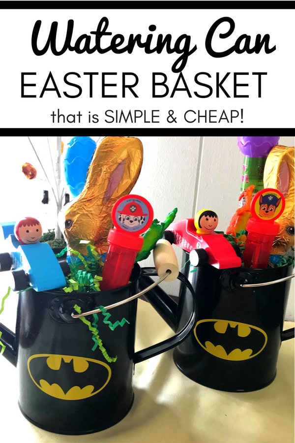 Colorful Easter basket ideas with Batman-themed watering cans, featuring fun toys and festive decorations for an affordable and simple holiday celebration.