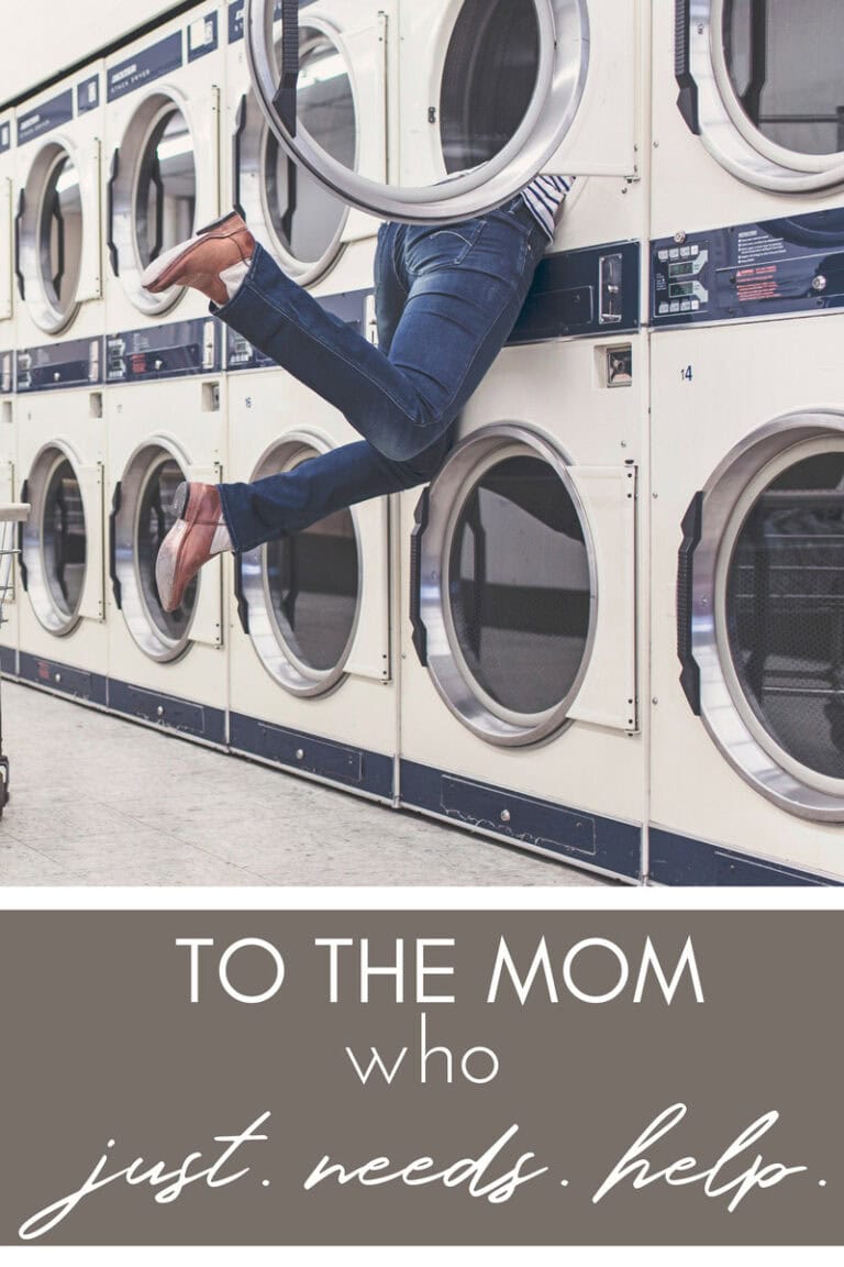 Laundry room humor showing a person with legs hanging out of a washing machine, perfect for mom appreciation, cleaning tips, and household humor.