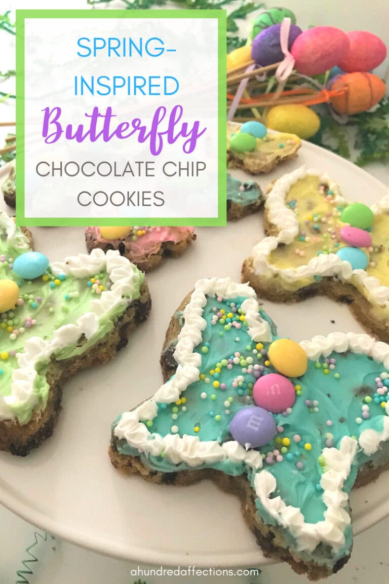 Colorful spring-inspired butterfly chocolate chip cookies with pastel frosting and sprinkles for Easter celebrations.