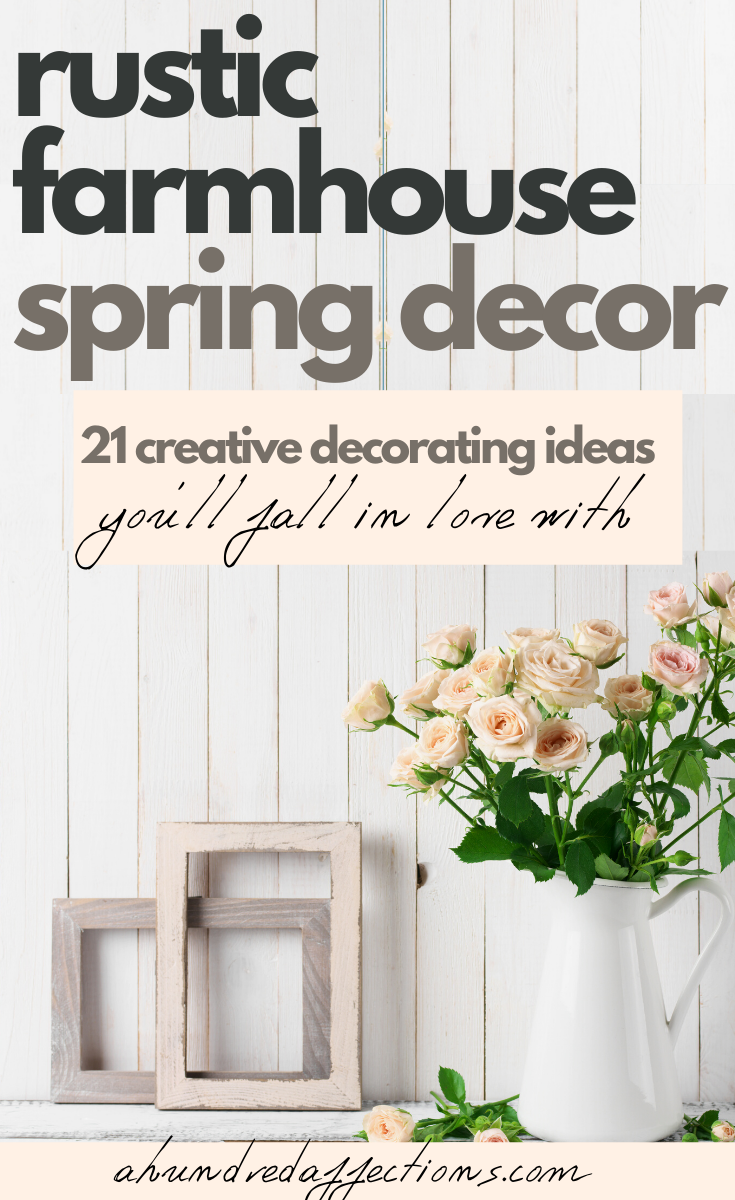 rustic farmhouse spring decor, 21 creatie ideas you'll fall in love with - white porcelain pitcher with pink roses, styled with empty frames leaning against shiplap wall