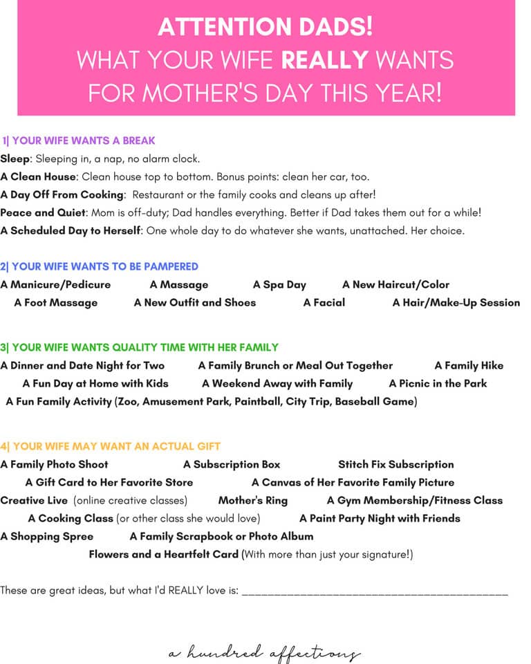 A heartfelt list of Mother's Day gift ideas for dads to pamper and celebrate their wives, including quality time, pampering, and thoughtful presents from A Hundred Affections.