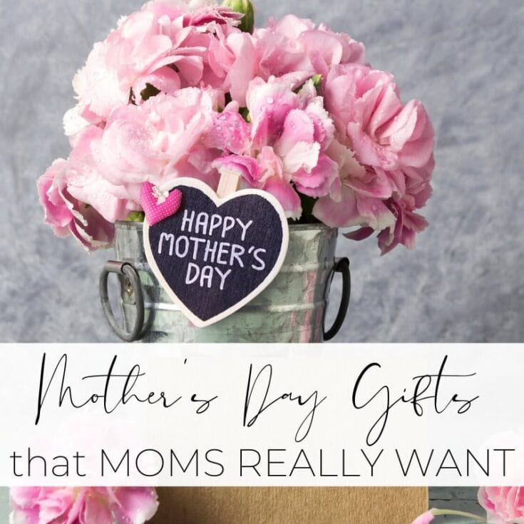 Bright pink carnations in a rustic metal bucket with a "Happy Mother's Day" chalkboard clip, perfect for Mother's Day gifts and flower arrangements.