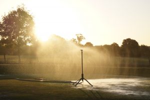 Bright outdoor lawn sprinkler watering grass at sunset, creating a sparkling mist with warm sunlight, perfect for garden irrigation and summer outdoor activities.
