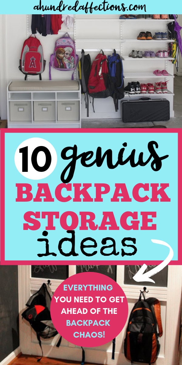 Colorful organized backpack storage solutions for kids, including hooks and shelves for easy backpack organization and decluttering in kids' rooms.