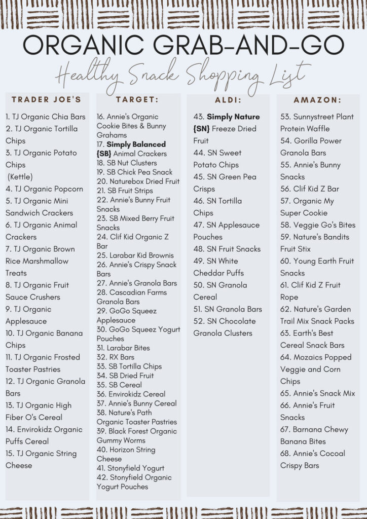 Organic healthy snack shopping list for grab-and-go convenience with organic, natural, gluten-free, and kid-friendly options.