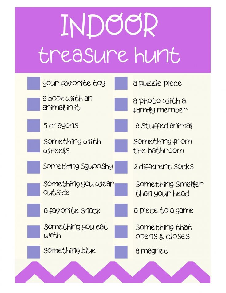 indoor treasure hunt, a list of items for your child to find inside the house, for a fun, indoor scavenger hunt!