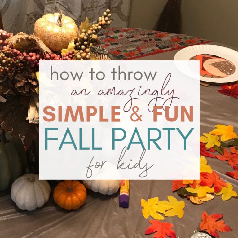Colorful autumn fall decorations with pumpkins, leaves, and festive table setting for kids fall party planning and celebration.