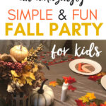 Colorful fall-themed kids' autumn party table with pumpkins, leaves, and festive decorations perfect for a fun fall celebration.