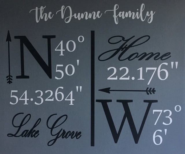 Handcrafted family home coordinates sign with lake house design, personalized wall decor representing family origins, perfect for rustic or vintage interior decor.