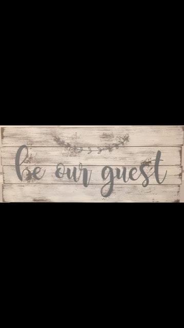 Rustic wedding sign with "be our guest" glittery accent, perfect for wedding decor and reception.