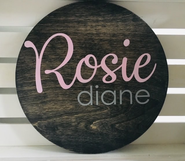 Personalized wooden name sign with "Rosie Diane" in elegant script and modern font, ideal for home decor or nursery decoration.