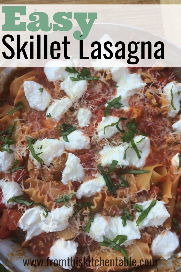 Skillet lasagna, easy skillet lasagna recipe, comfort food, homemade lasagna, one-pan dinner, quick weeknight meal, cheesy lasagna, Italian dish, hearty dinner, from this kitchen table.