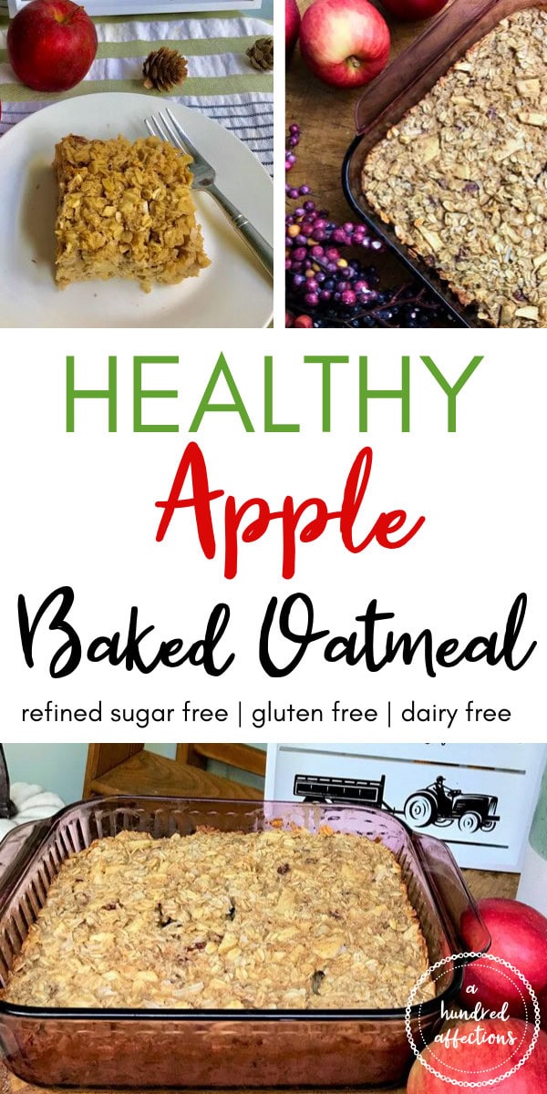 collage of healthy apple baked oatmeal recipe refined sugar free gluten free dairy free, close up slice of apple baked oatmeal, close up of baking dish, apples, fall berries