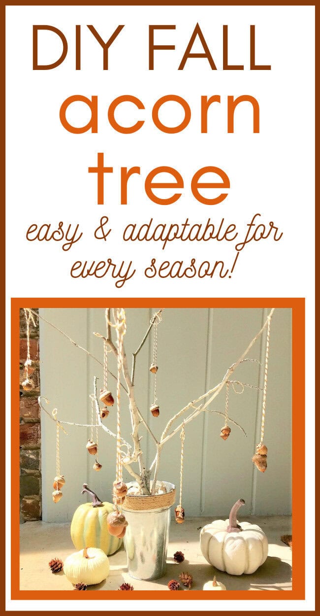 Colorful DIY fall acorn tree decoration with pumpkins and pinecones, perfect for seasonal home decor and autumn crafts.