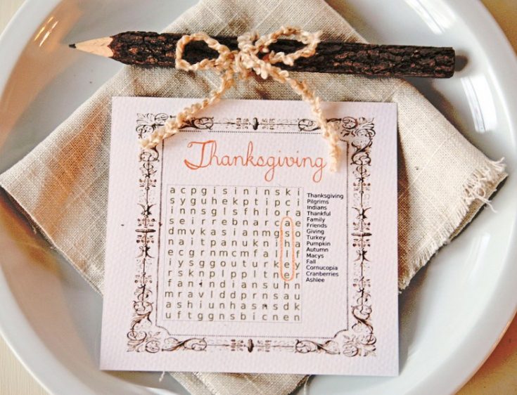 Word search puzzle with Thanksgiving-themed words for holiday celebration and gratitude.