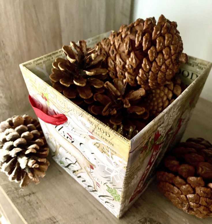 Rustic farmhouse printed container with pine cones - perfect easy and cheap Christmas decor idea!