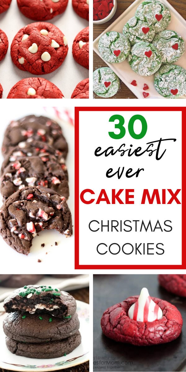 Red velvet cookies with white chocolate chips, holiday-themed cookies with powdered sugar and red heart decorations, chocolate peppermint crinkle cookies, and a festive red velvet cookie with white peppermint center.