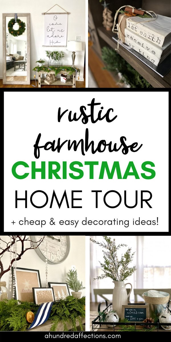 Rustic farmhouse Christmas Home Tour collage with evergreen garland and dried orange decor, wreaths, stamped book, scroll frame prints, framed wall art 