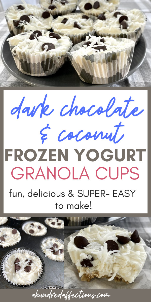 collage of dark chocolate and coconut frozen yogurt granola cups