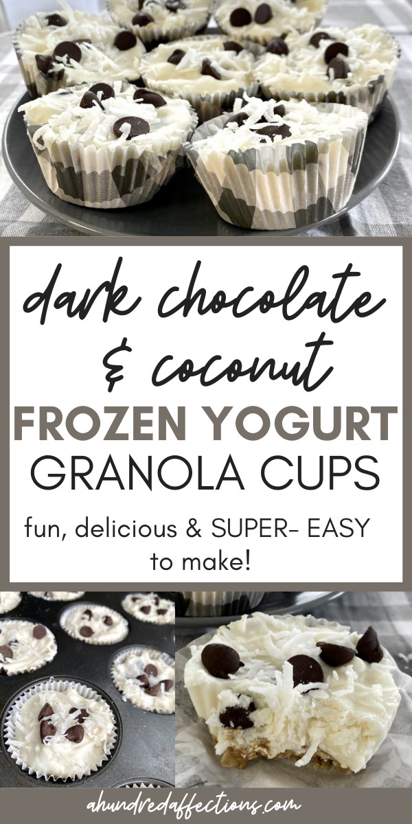 collage of dark chocolate and coconut frozen yogurt granola cups