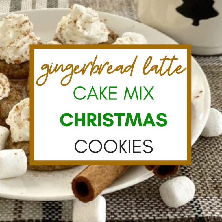gingerbread latte cake mix christmas cookies with text overlay, image of plated cookie with whipped cream and cinnamon