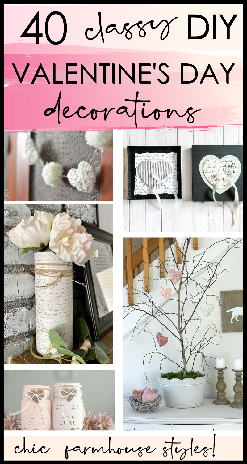 valentine's day decor diy pin collage with farmhouse crafts - paper covered vase, yarn heart tree, painted heart mason jars