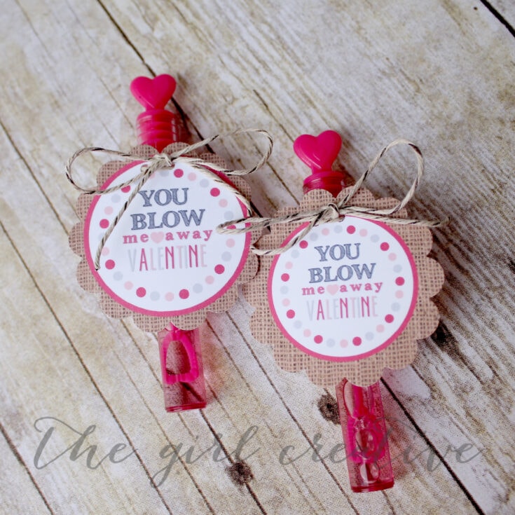 Two small pink bottles with heart-shaped caps and circular tags reading "You blow me away Valentine" on a rustic wooden surface, perfect for Valentine's Day gifts.