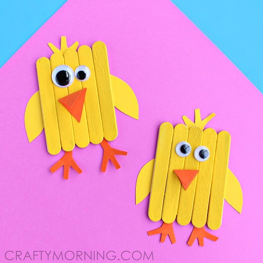 Colorful DIY chick craft made with wooden popsicle sticks, googly eyes, and paper beak, perfect for spring and Easter decorations.