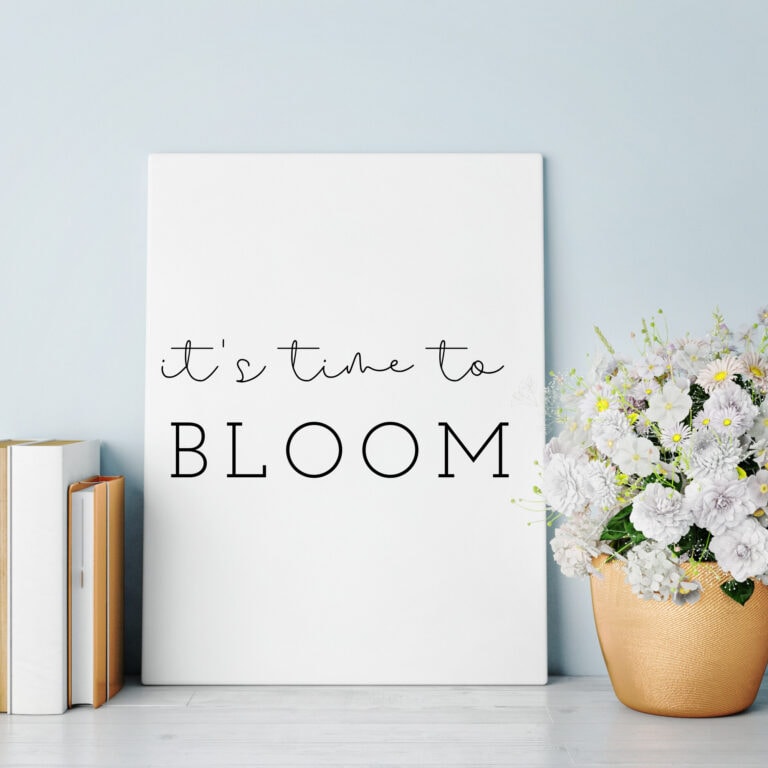 Elegant floral wall art with motivational quote "it's time to BLOOM" ideal for home decor and living spaces.