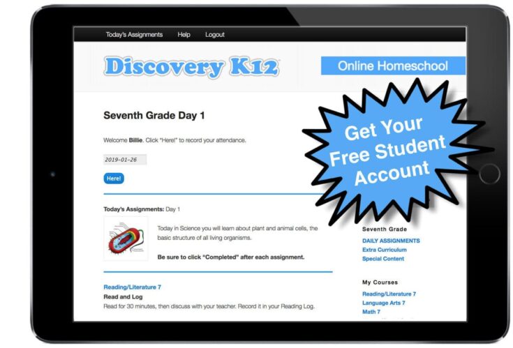 Online homeschool platform featuring seventh-grade assignments and courses, designed for parents and students to access educational content and manage homeschooling activities.