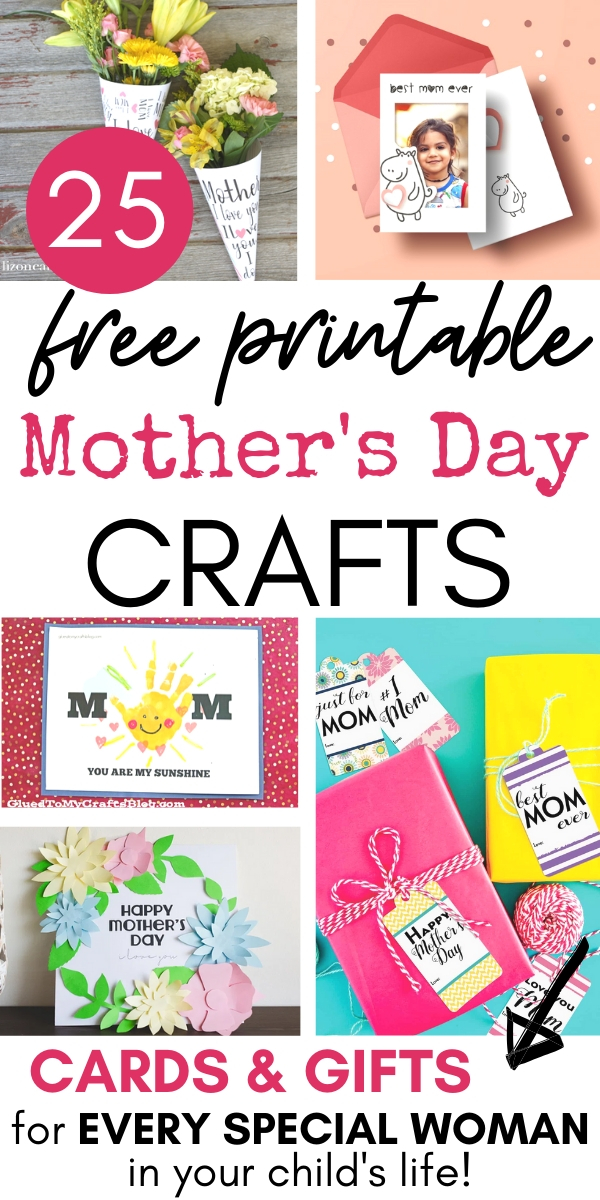 25 free printable mother's day crafts, perfect gift and card ideas for every mom in your child's life, thumbprint card, gift tags, flower cones, picture holders