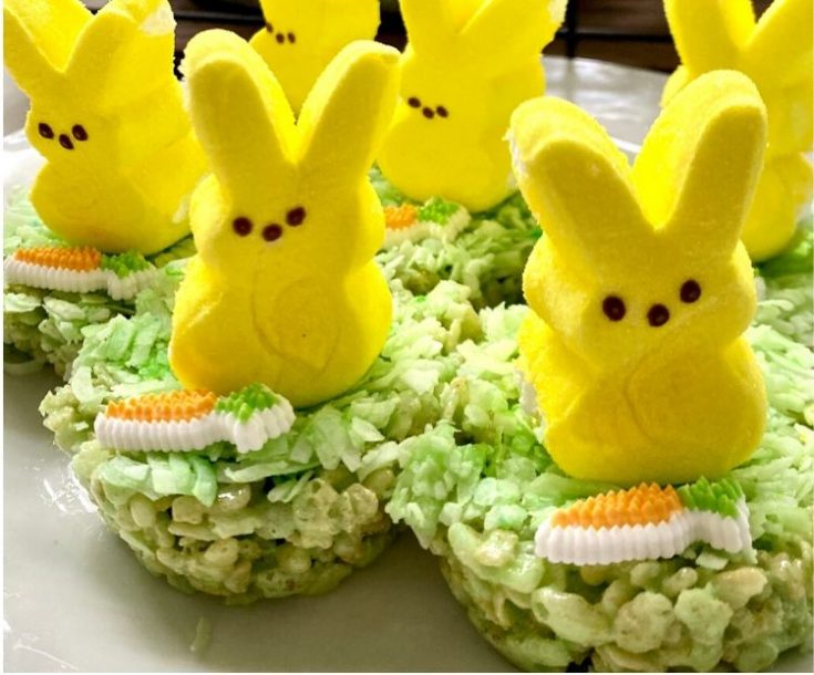 Yellow bunny-shaped marshmallow treats with rice cereal bases for Easter celebrations and festive desserts.