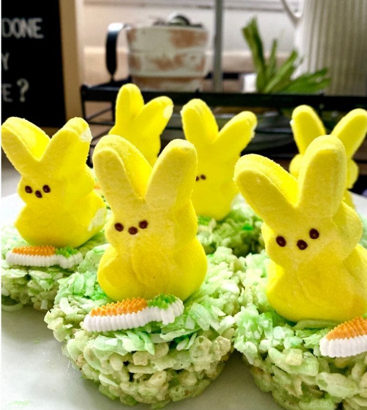 Yellow bunny-shaped Rice Krispies treats decorated for Easter or spring celebrations.