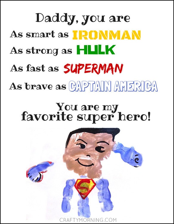 Superhero daddy quote card with a child’s drawing of a boy dressed as Superman, praising dad’s strength, bravery, and speed, highlighting love and appreciation for dads as favorite superheroes.