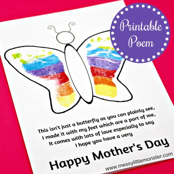 Vibrant rainbow butterfly printable poem for Mother's Day, colorful children's craft, and heartfelt gift idea.
